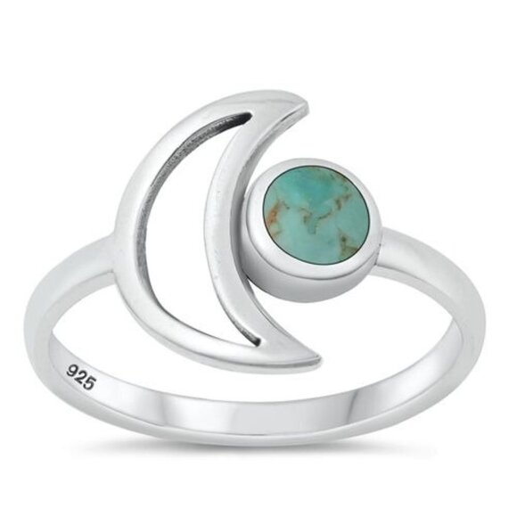Sterling Silver 925 Crescent Moon Round Turquoise Celestial Ring Size 5 NEW - Picture 1 of 16